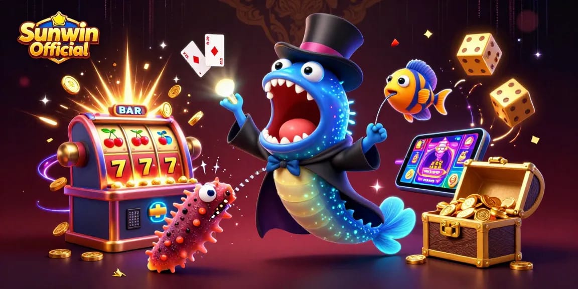 Experience thrilling card tricks with Sunwin Official as colorful symbols and gold coins explode in a vibrant casino scene.