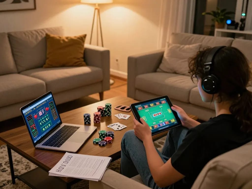Engaging in a thrilling game of Hit club on tablet, cozy home gaming atmosphere with poker chips