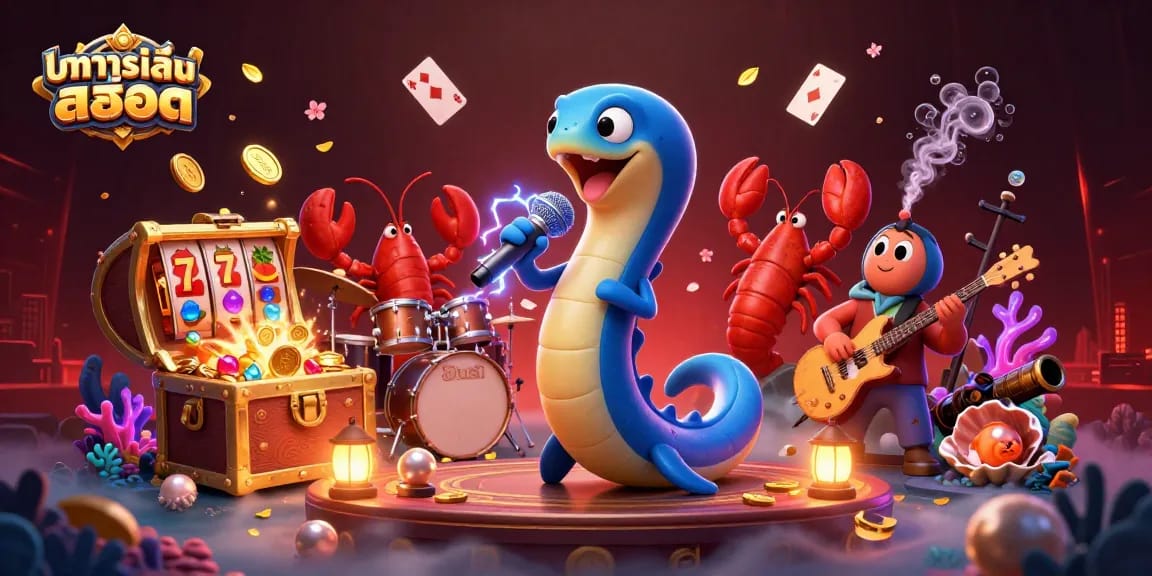 Experience ทดลองเล่นสล็อต with vibrant 3D cartoon casino scene featuring electric eel, lobster drummer, and seahorse guitarist.