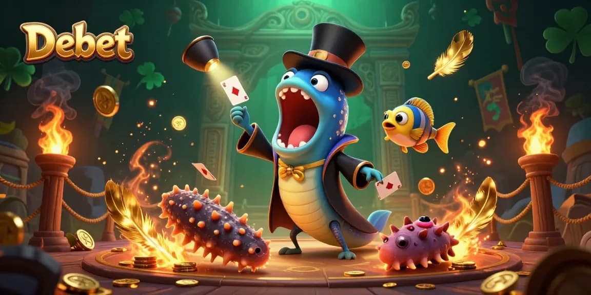 Debet casino illustration featuring a magical deep-sea scene with characters performing tricks.