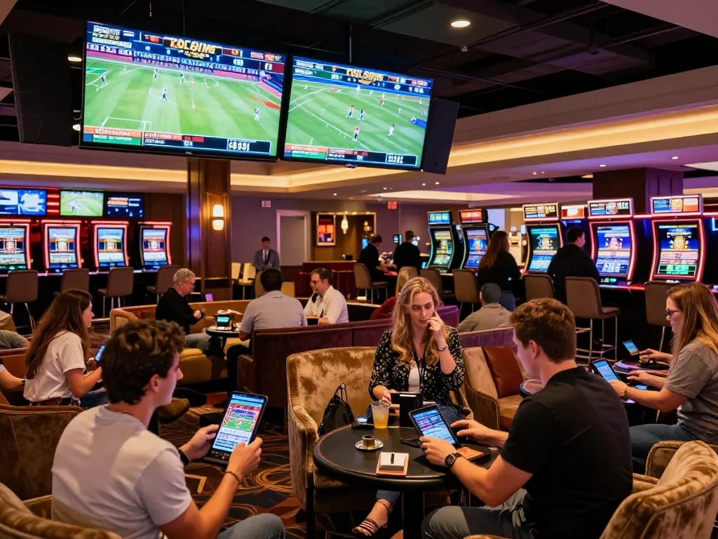 Excited bettors engaging with ca khia app while watching live sports in a luxurious casino lounge.