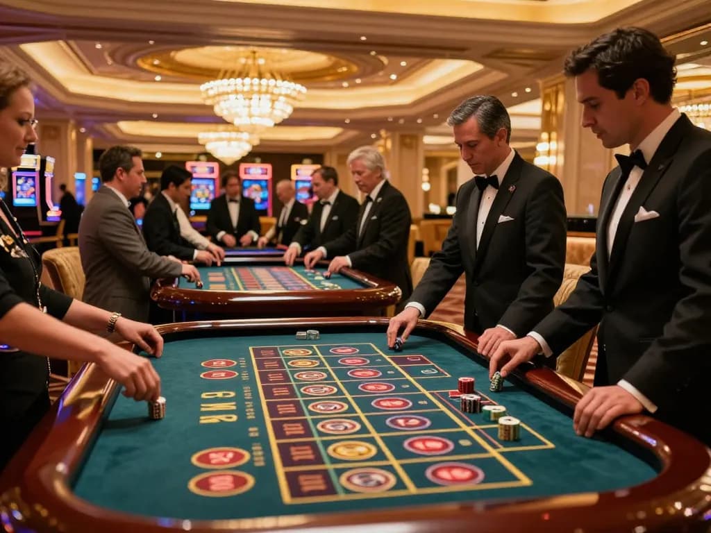 Players placing bets at a roulette table in a luxurious casino setting on https://va88.uno/.