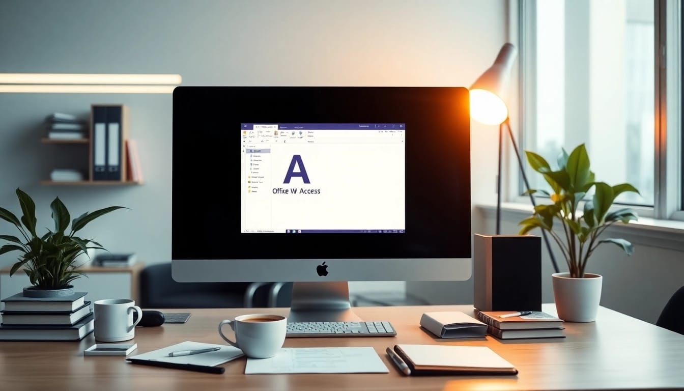 Visualisieren Sie das Arbeiten mit Office mit Access 2024 in einem modernen Büro, das eine kreative Atmosphäre ausstrahlt.