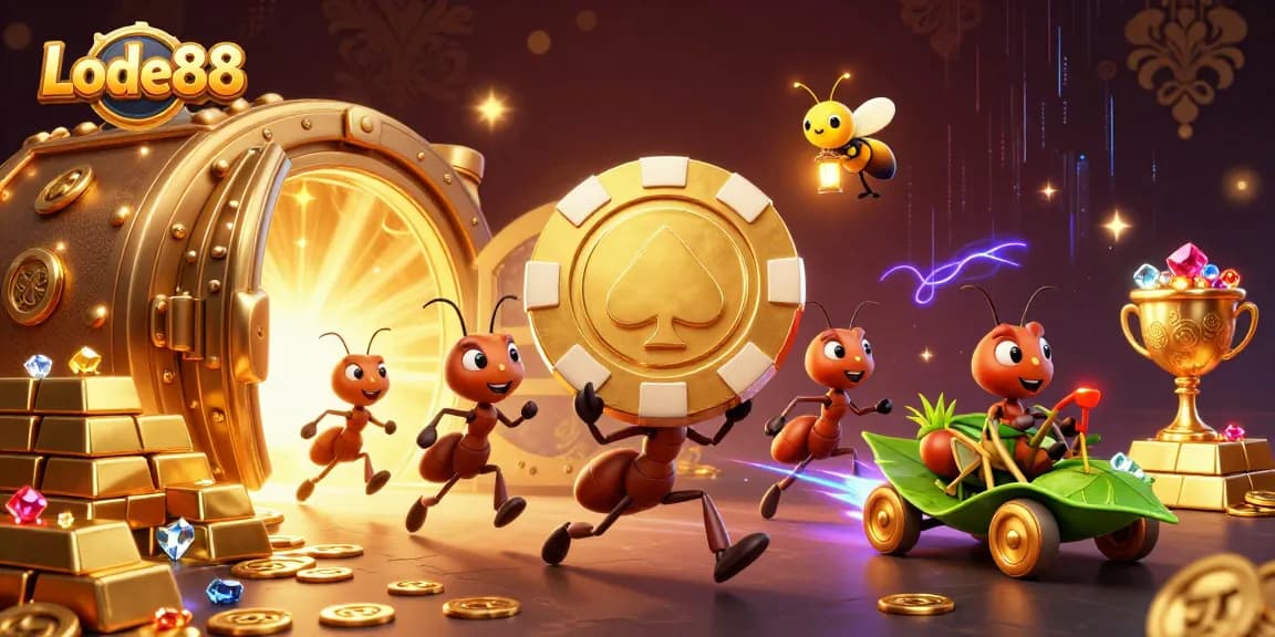 Lode88 ants executing a heist with a golden poker chip in a vibrant casino scene full of treasures.