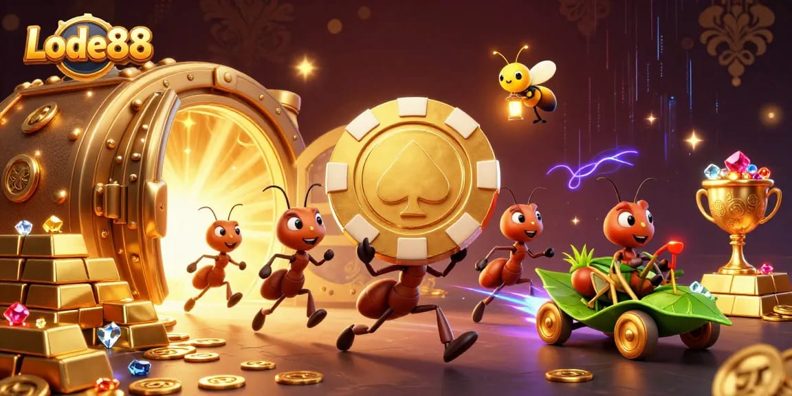 Lode88 ants executing a heist with a golden poker chip in a vibrant casino scene full of treasures.