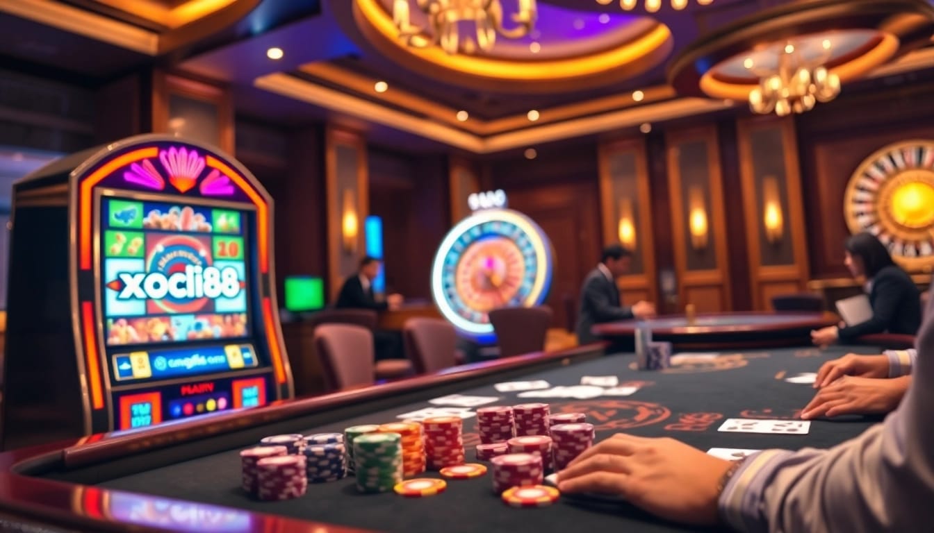 Xocdia88 gaming scene featuring poker chips and slot machines in a luxurious casino.