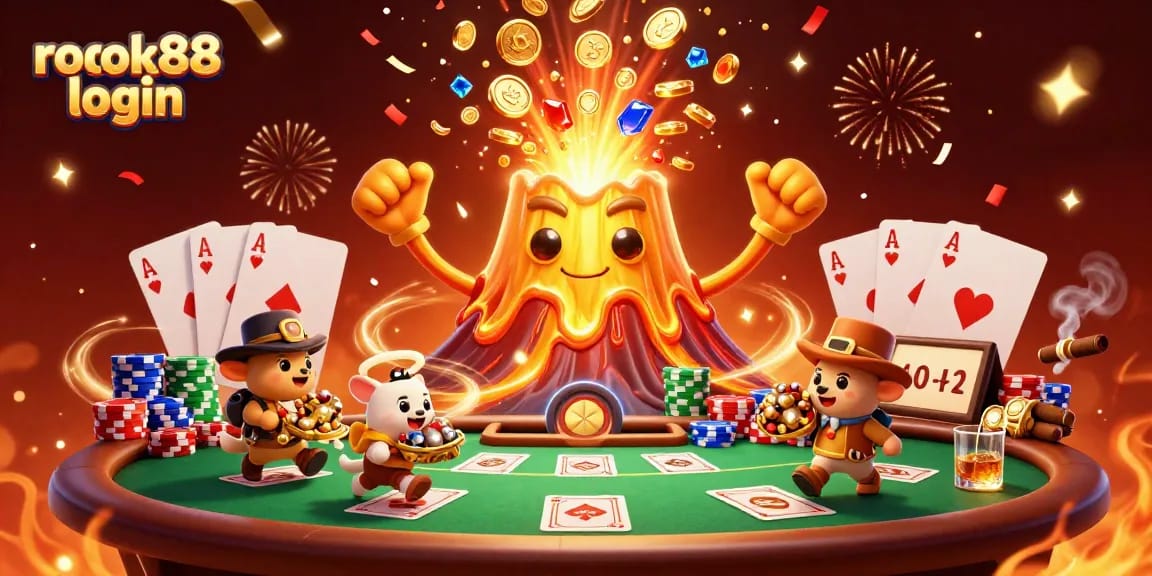 Engage in exciting gameplay with ROKOK88 login, featuring a vibrant 3D scene of treasures and poker elements.