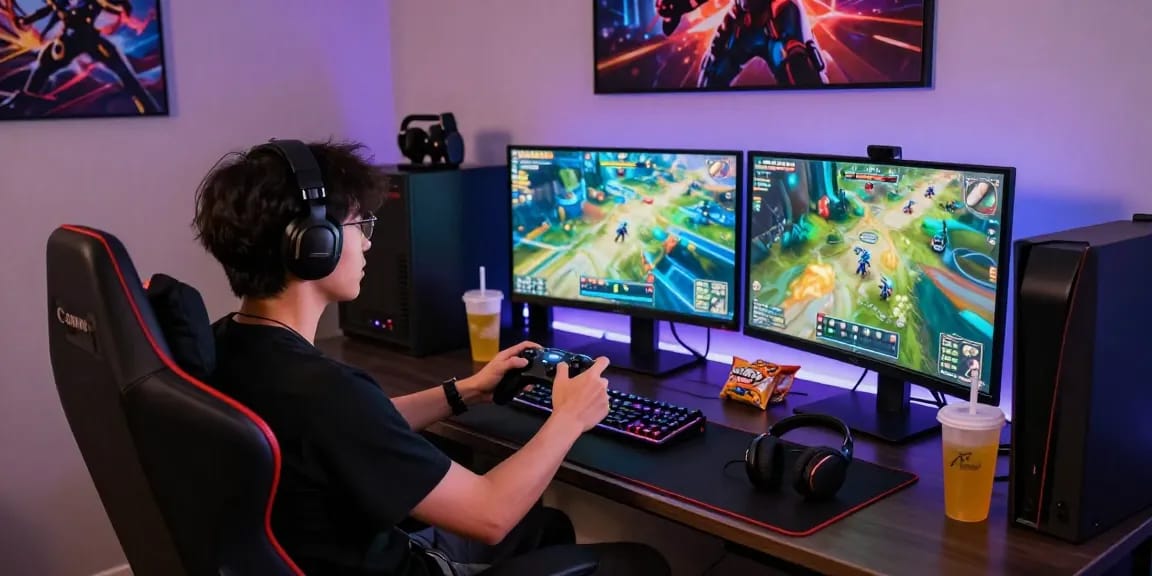 Dynamic gamer using a controller mit Hall-Sticks in a vibrant gaming setup, showcasing tech and excitement