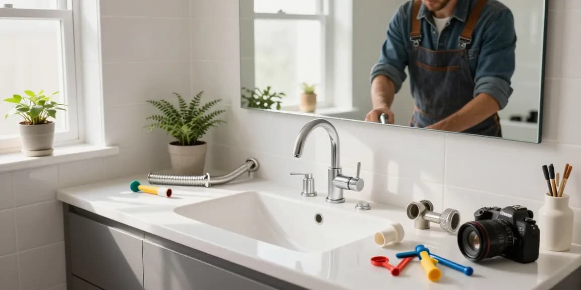 De doe-het-zelver werkt aan de sifoninstallatie in een moderne badkamer.