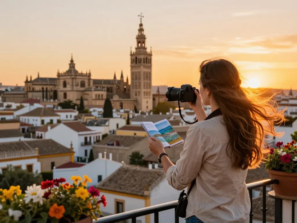 Reisender bei Sonnenuntergang in Sevilla, der Reisetipps Sevilla präsentiert, mit ikonischen Wahrzeichen im Hintergrund.