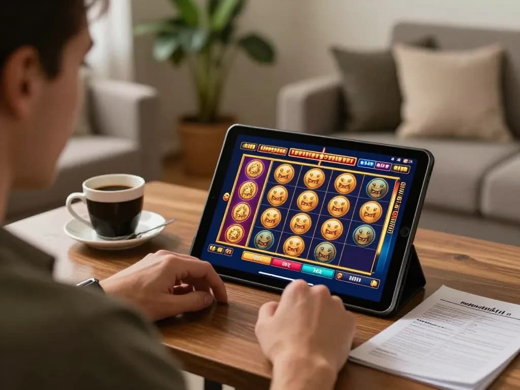Player enjoying MB66 online slots on a tablet, immersed in a cozy home gaming atmosphere.