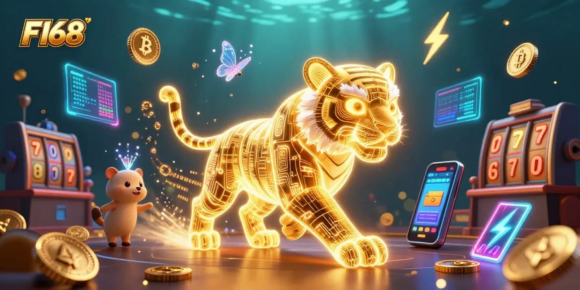 Win big at F168 with a vibrant 3D casino scene featuring a golden tiger, Bitcoin, and jackpot elements.