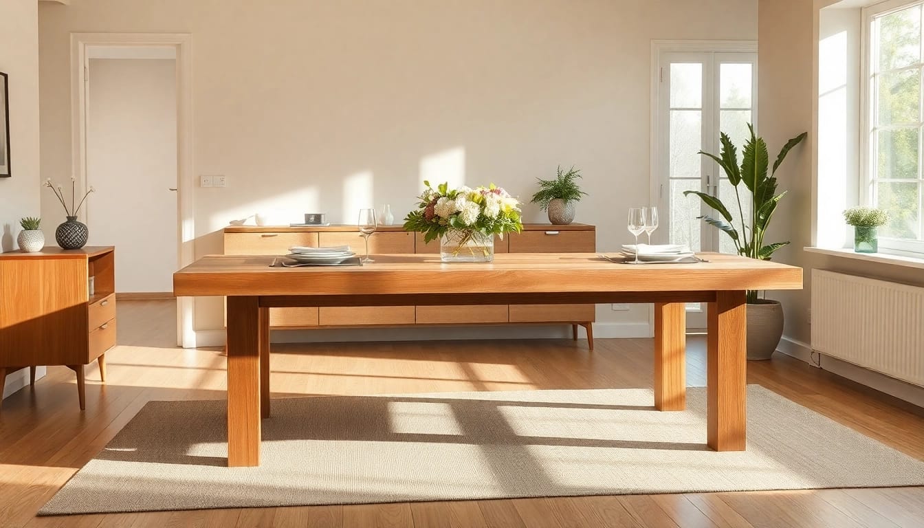 Genießen Sie einen einzigartigen Esstisch Eiche mit Baumkante in modernem Esszimmer-Setting.