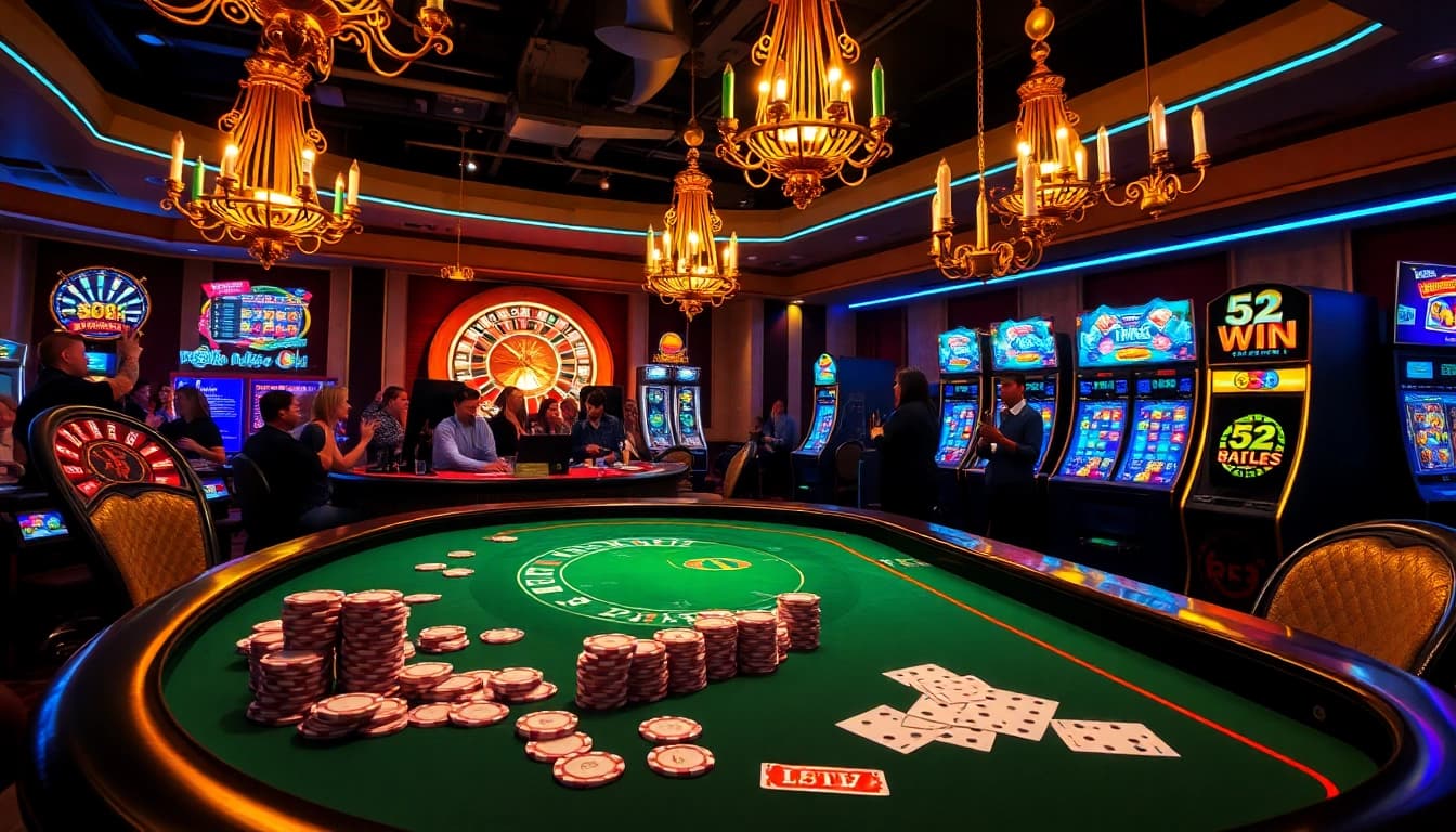 A thrilling casino scene featuring 52WIN elements with poker chips, roulette wheel, and slot machines.