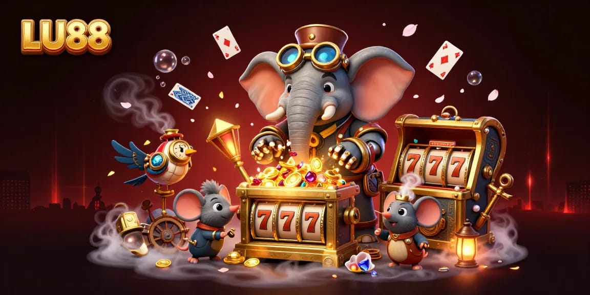 Spin for winnings at LU88 with a steampunk elephant and a golden slot machine illustration.