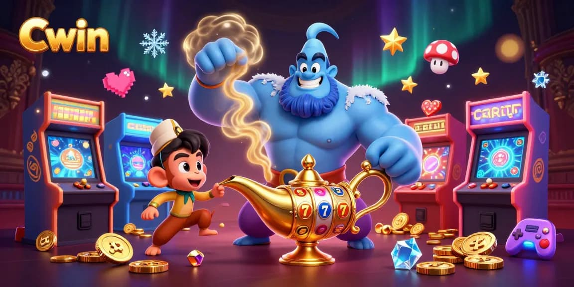 Cwin casino-themed illustration of a genie, monkey, and slot reels with vibrant game elements