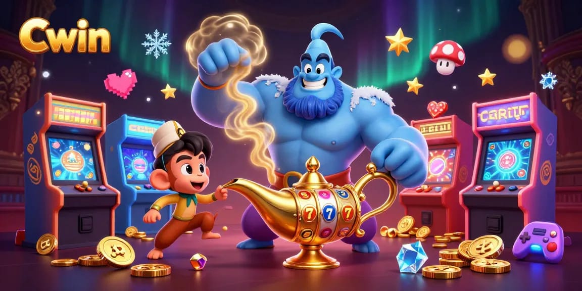 Cwin casino-themed illustration of a genie, monkey, and slot reels with vibrant game elements