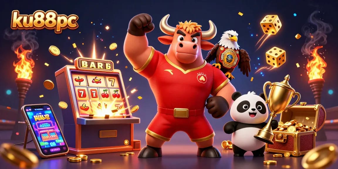 Experience the excitement of ku88pc with a jubilant bull mascot, eagle, and panda celebrating casino wins.