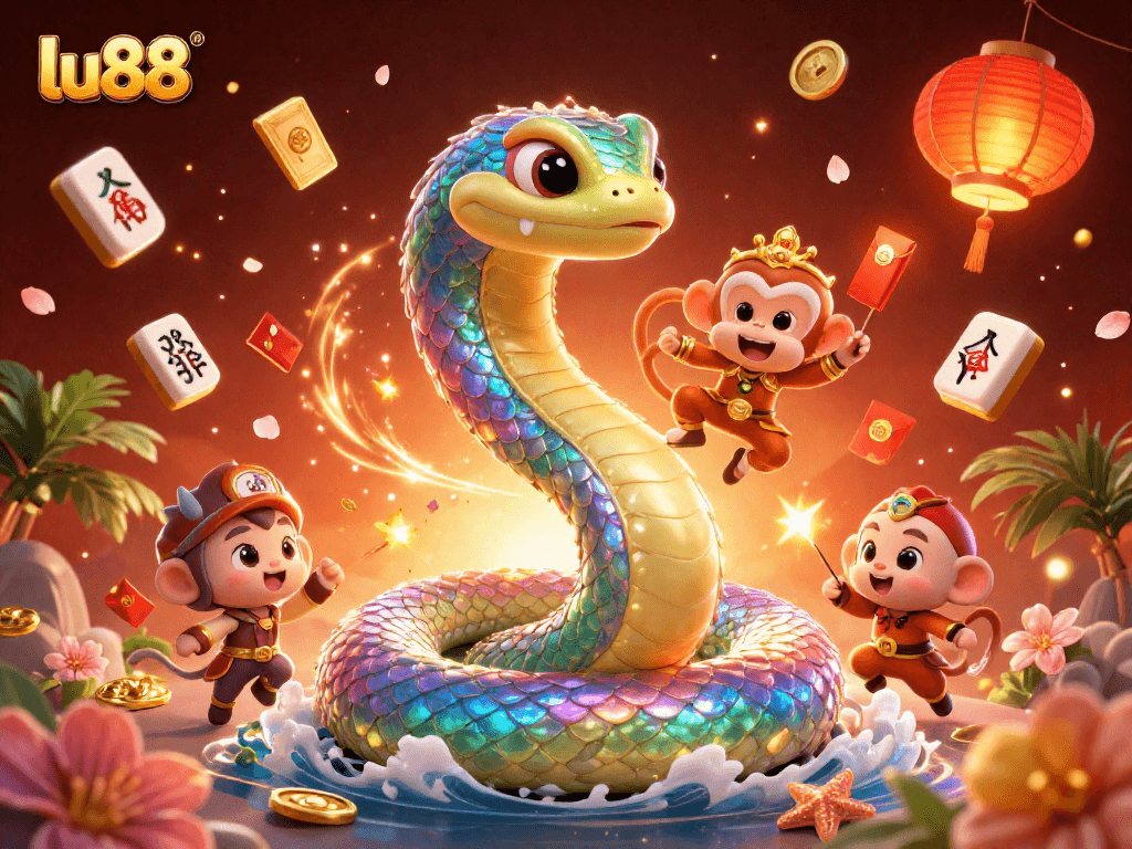 Experience thrilling wins at lu88 with a vibrant 3D casino scene featuring a radiant rainbow serpent.