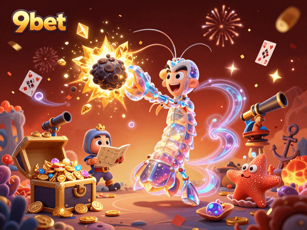 Engage with 9bet's vibrant casino world featuring a galactic shrimp and treasure-filled adventure.