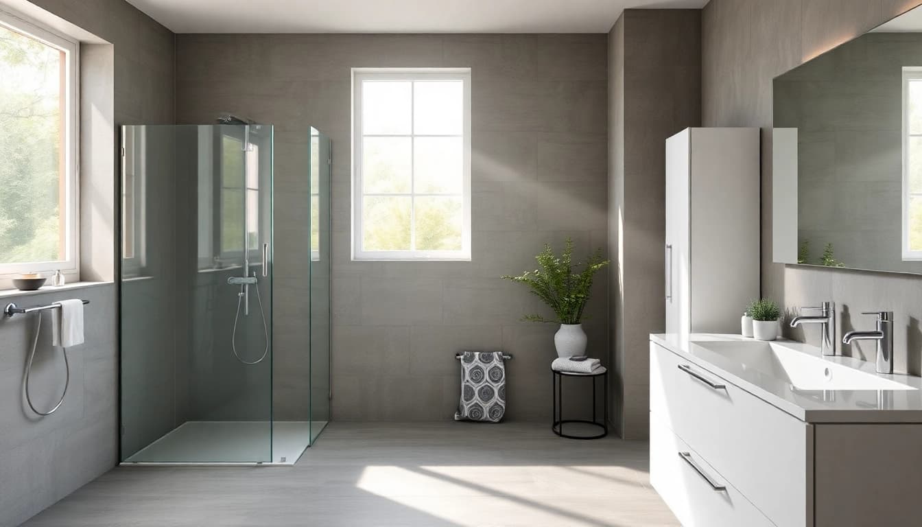 Entdecke sonni sanitär Produkte in einem stilvollen, modernen Badezimmer mit eleganten Armaturen und Duschkabinen.