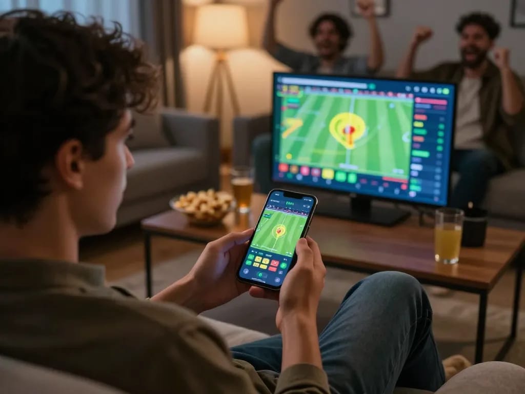Engaging moment of a viewer using Socolive TV app for live soccer betting during an exciting match, capturing the thrill of online gambling.