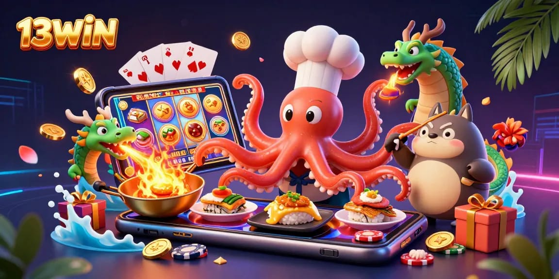 Experience thrilling gaming at 13WIN with a vibrant 3D casino scene filled with dynamic characters and slot games.