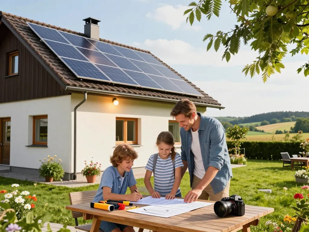 Photovoltaik Bayern Solarinstallation an einem modernen Zuhause mit Familie, die die Vorteile erneuerbarer Energie genießt.