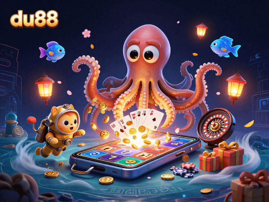 Engage with du88's thrilling slots action visualized through a kraken and diving cat in a vibrant sea of winnings.