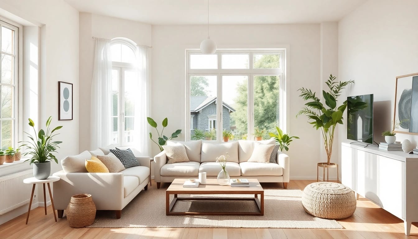 Ein einladendes Wohnzimmer, das kreative Ideen zur Raumgestaltung inspiriert, mit skandinavischen Möbeln und natürlichem Licht.