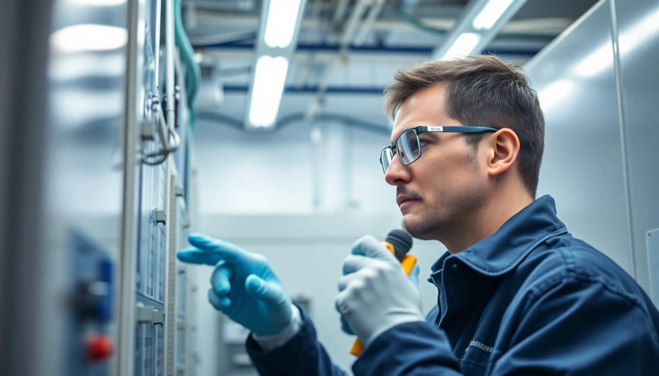Technician conducting a DGUV V3 Prüfung on electrical equipment, ensuring safety standards in the workplace.