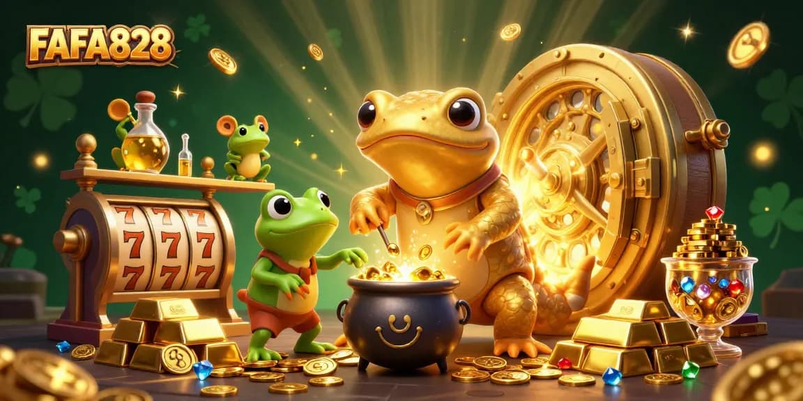 Join the adventure at FAFA828 with a golden salamander and frog in an enchanting casino scene.
