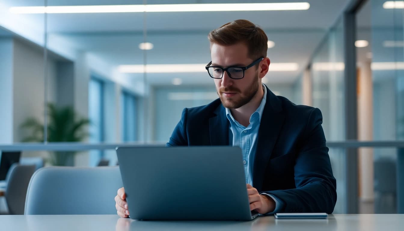 Unternehmensberatung in Aktion: Ein Berater analysiert Daten in einem modernen Büro.