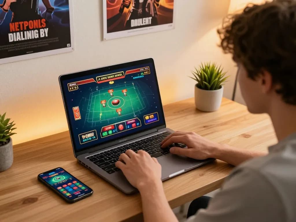 KJC player enjoying a strategic online casino game at home with a laptop and smartphone.