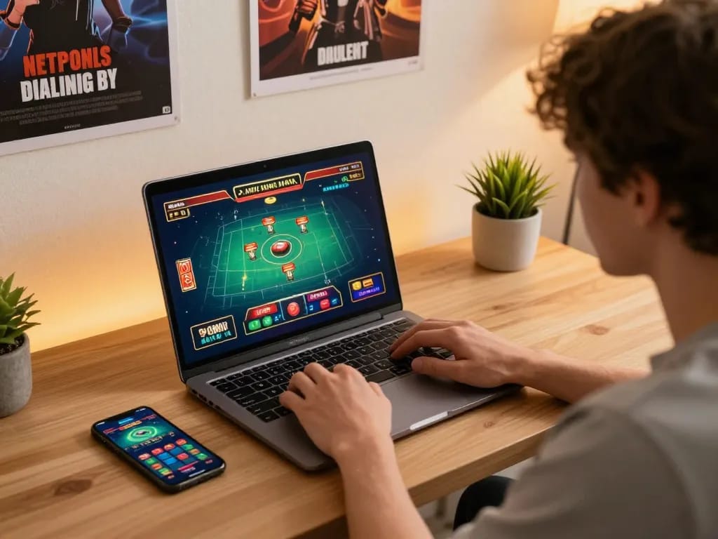 KJC player enjoying a strategic online casino game at home with a laptop and smartphone.