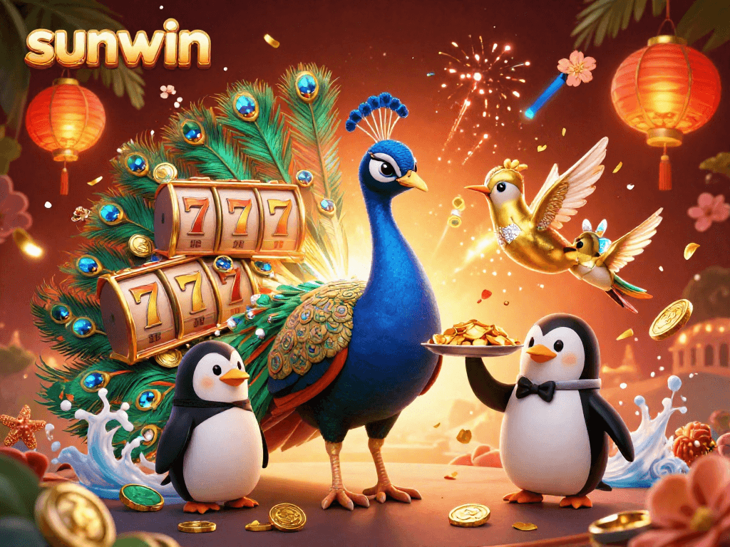 Experience sunwin's vibrant gaming atmosphere with peacock and butler enjoying a casino adventure.