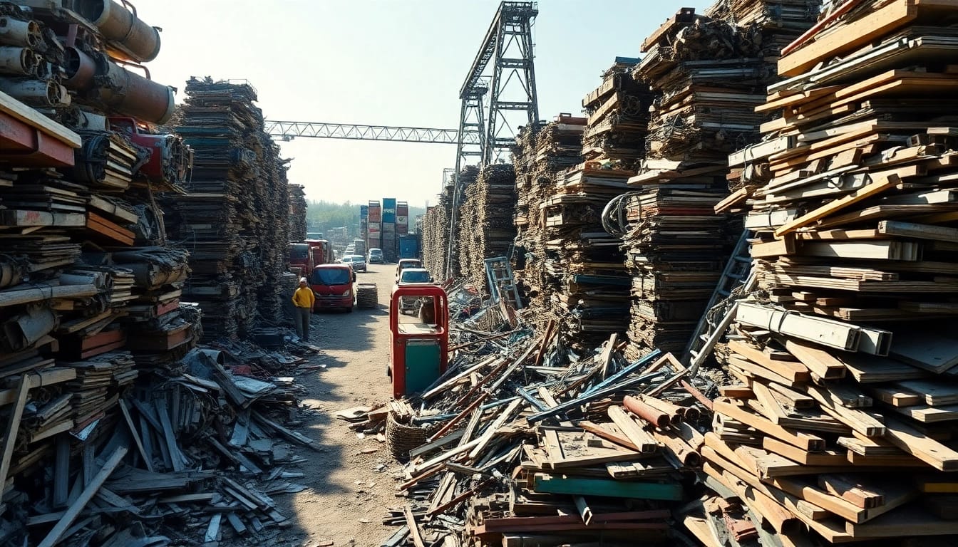 Workers sorting scrap metal at the Schrottplatz Remscheid, showcasing vibrant colors and dynamic activity.