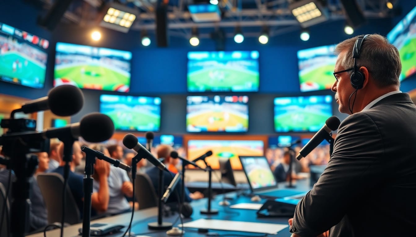 Professional sports broadcasting commentary in a vibrant studio environment.