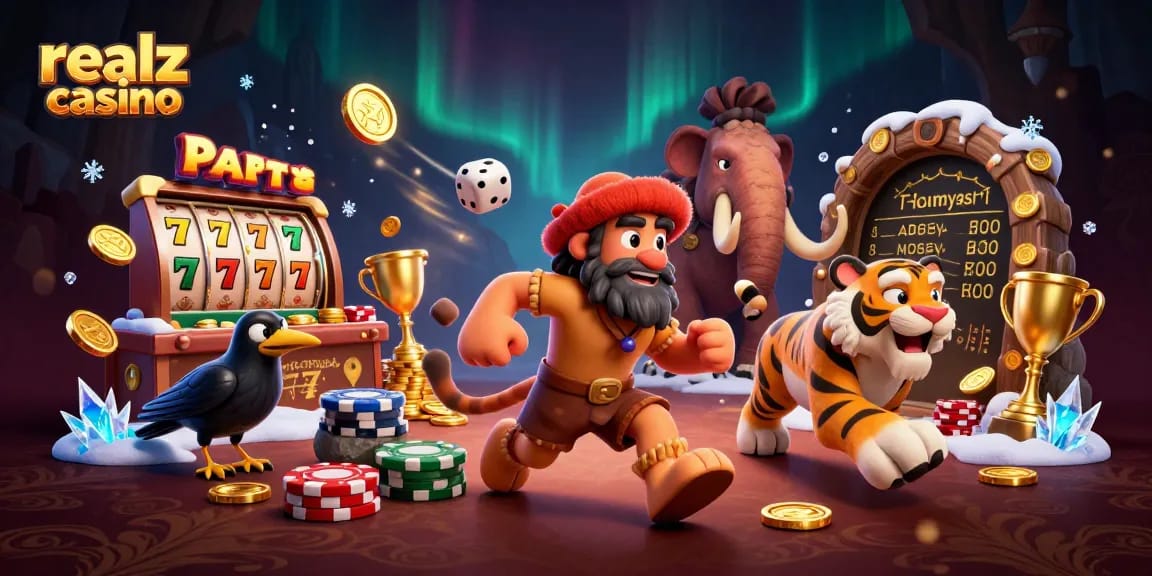 Experience the thrill of realz casino with animated caveman and sabertooth duo in action.