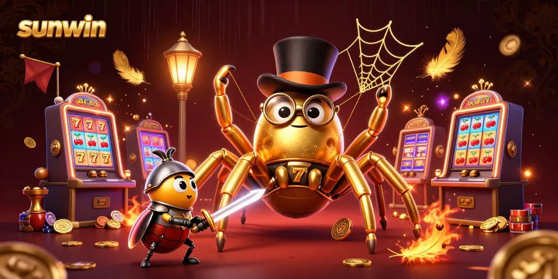 Explore the vibrant sunwin casino scene showcasing a golden tarantula amidst slot machines and betting tokens.