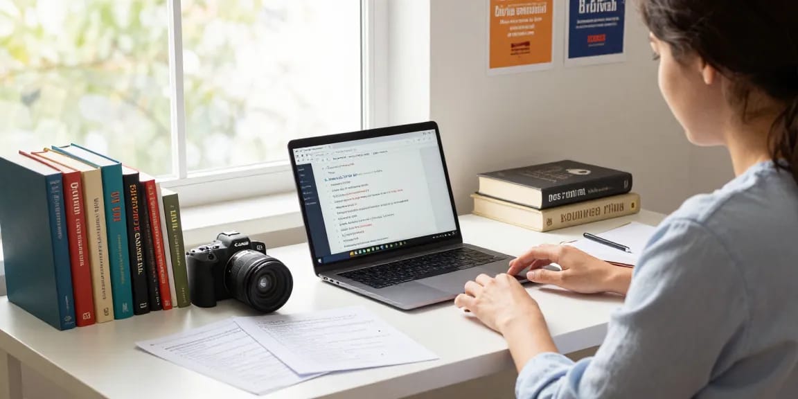Quiz Allgemeinwissen Enthusiast auf einem modernen Schreibtisch mit historischen Büchern und einem Laptop, Fragen notiert.