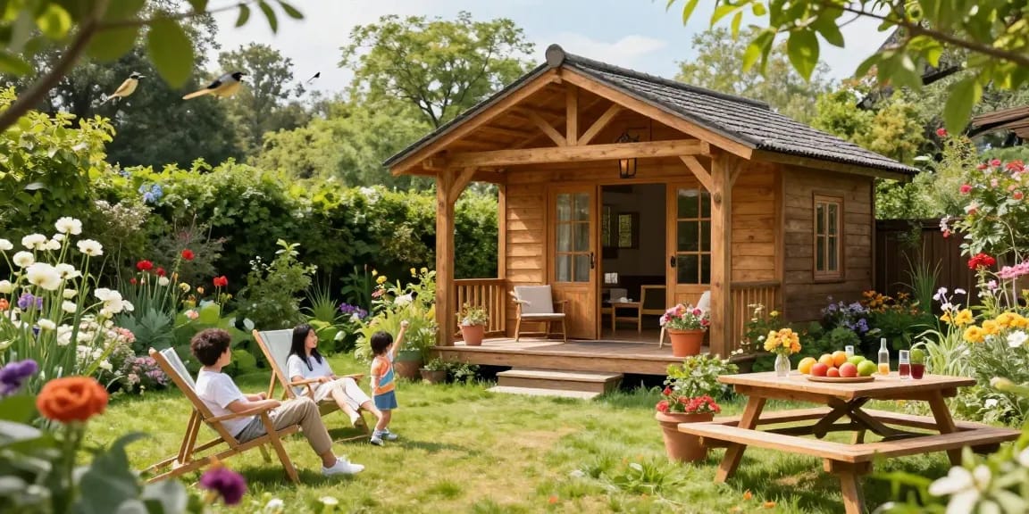 Ein schönes Gartenhaus aus Holz mit blühenden Pflanzen und einer Familie, die einen sonnigen Tag im Freien genießt.