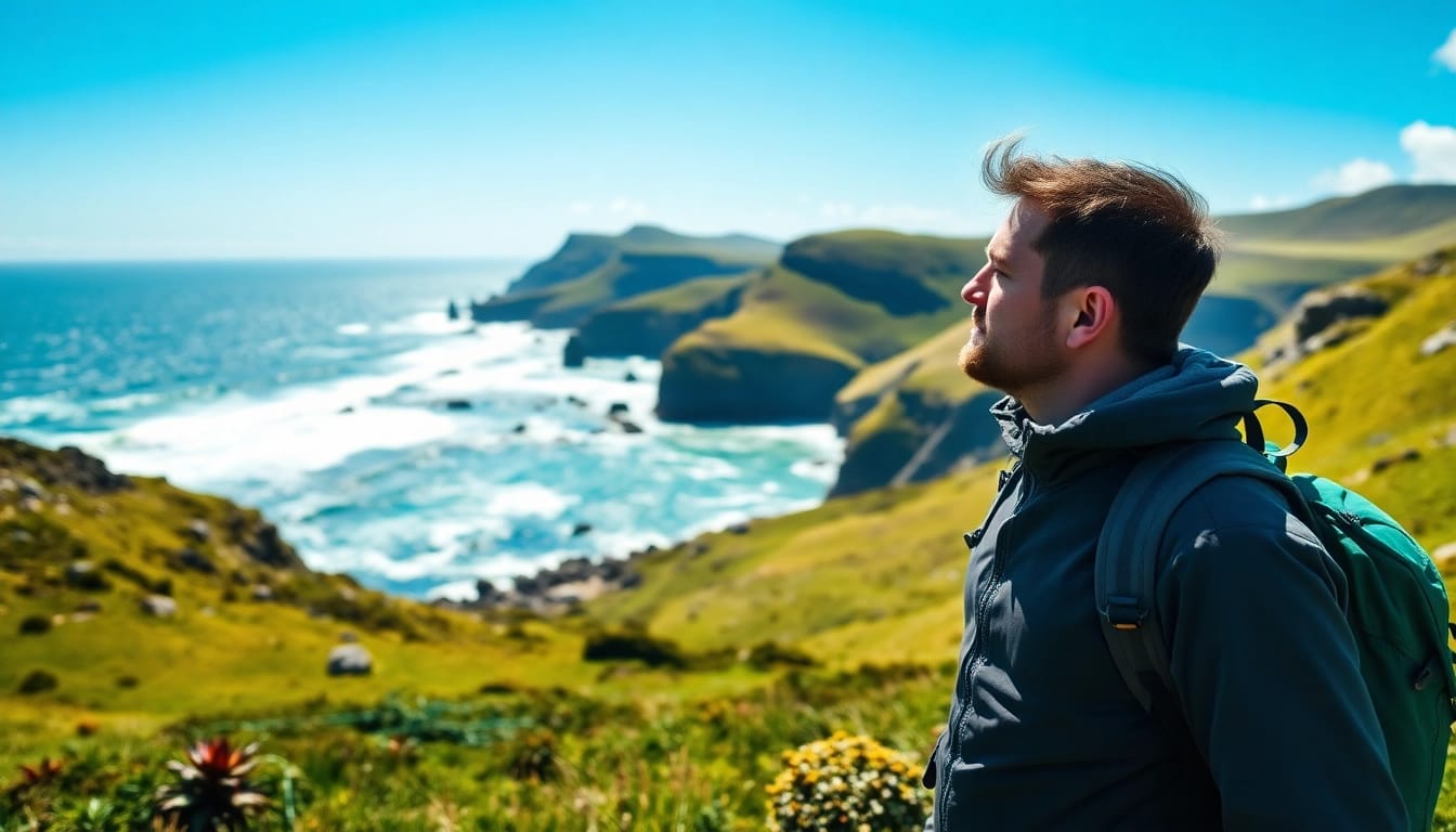 Wanderer auf dem Kerry Way Irland mit atemberaubendem Küstenblick und unberührter Natur.
