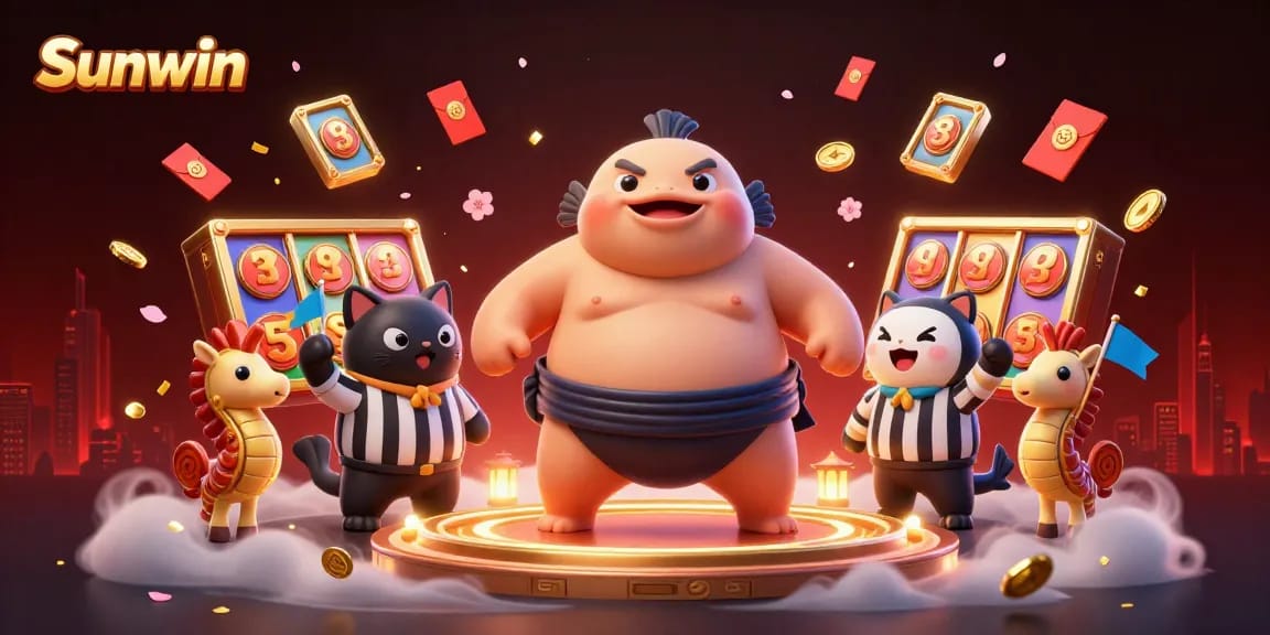 Sunwin jackpot gaming scene featuring 3D characters amid vibrant slot elements and celebratory details
