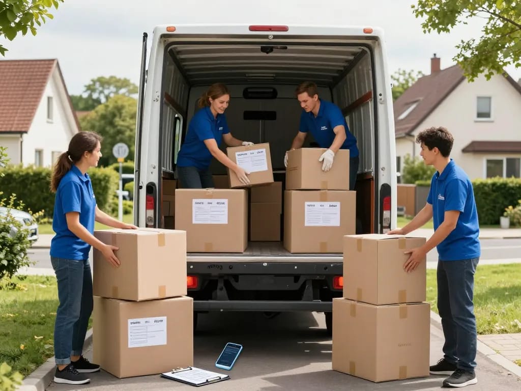 Professionelle Umzugshelfer von Umzugsunternehmen Hannover laden Kartons in einen Umzugswagen.
