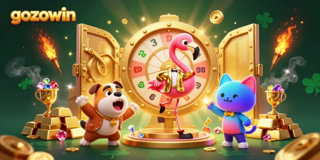 Spin the giant prize wheel at gozowin with animated characters and casino treasures