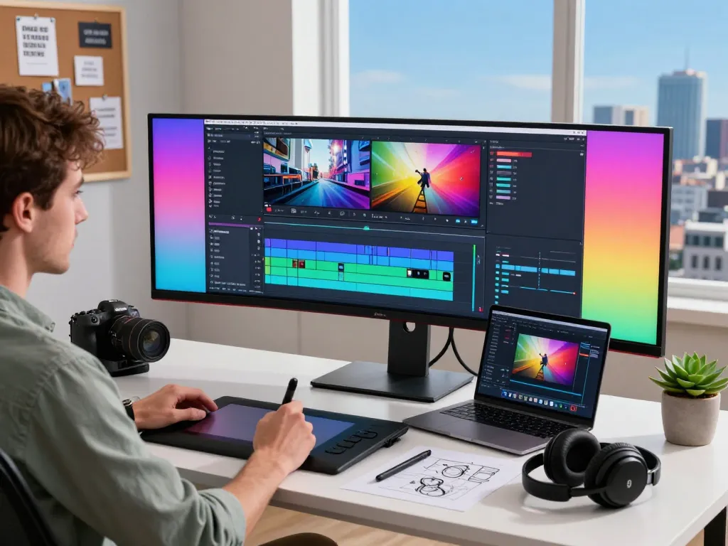 Creative workspace showcasing motion control video editing process with AI technology.