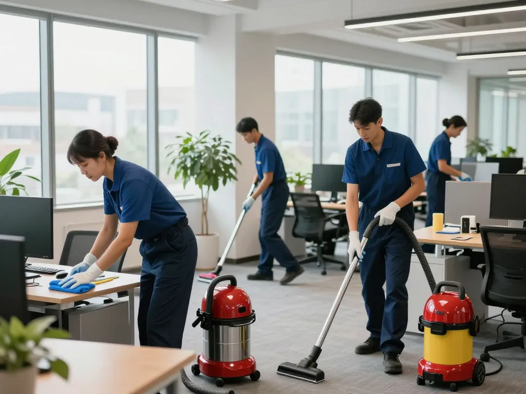 Expertenteam der Gebäudereinigung – Münster & Umgebung, das ein modernes Büro reinigt und Professionalität sowie Effizienz zeigt.
