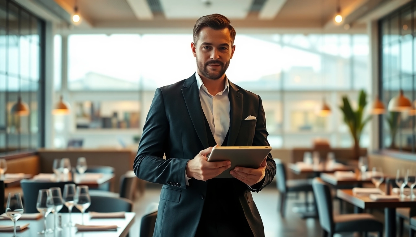 Headhunter Gastronomie berät in einem eleganten Restaurant mit einem Tablet.