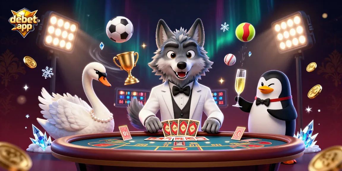 Win big at debet-app with an elegant wolf, swan dealer, and penguin sommelier in a vibrant casino scene.